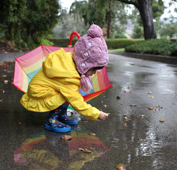 Child Playing in Fall Rain Storm