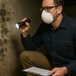 Home inspector checking out mold in basement.