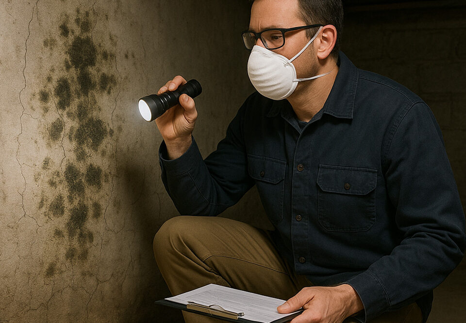 Home inspector checking out mold in basement.