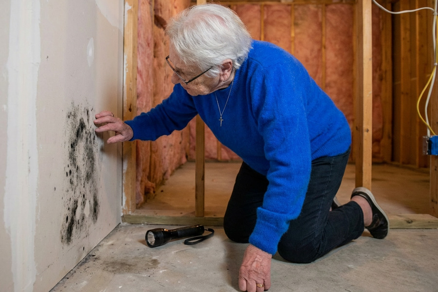 Homeowner inspecting mold in basement