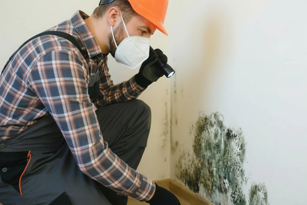 Home inspector looking at basement mold