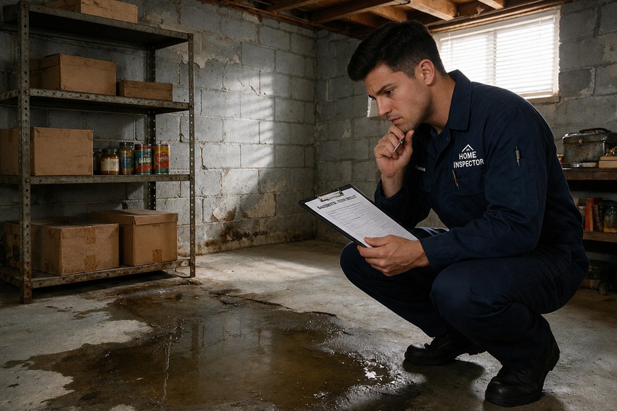 Image of a home inspector looking at a wet basement floor
