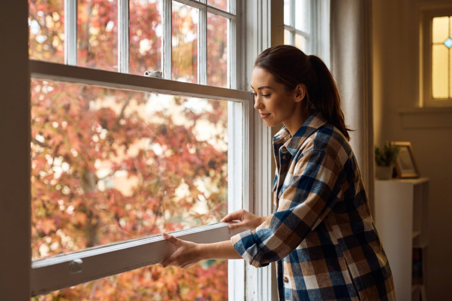 Woman Closing window in fall